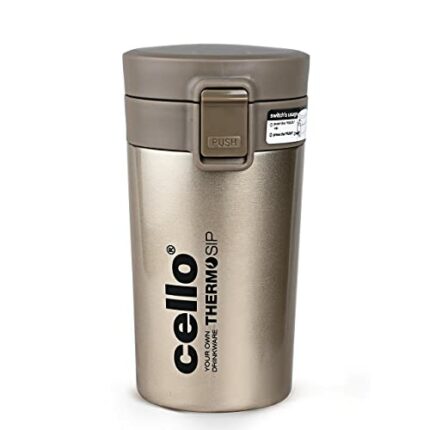 Efinito Monty Vacuum Insulated | Travel Coffee Mug Hot and Cold with Lid | Double Walled Carry Flask for Travel, Home, Office, School | 300ml, Gold/Grey (Stainless Steel)
