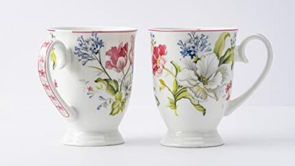 Efinito Footed Series - Bone China Milk & Coffee Mug, 300 Ml - Set of 2 (White & Pink Floral)