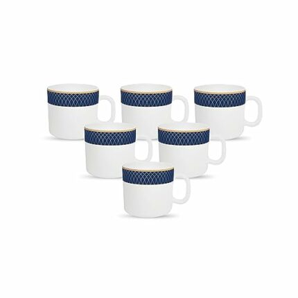 Efinito Diva, Sovrana Collection, Opal Glass Coffee Mug Set 6 pcs, Regent Blue, White, Standard