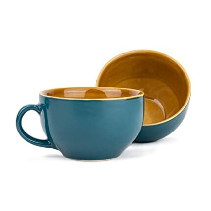 Efinito Large Ceramic Coffee Cup Set of 2, Teal Green, 350ml | Cappuccino Cup | Glossy Finish | Large Ceramic Coffee Cup | Premium Stoneware Coffee Cup | Microwave Safe (XL Cuppa - Teal Green)