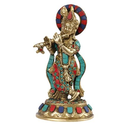 Efinito Brass Lord Krishna Murti for Gift Idol Statue Large Size Krishna Playing Flute Standing On Round Pedestal with Multicolor Stone Height 8.5 Inches