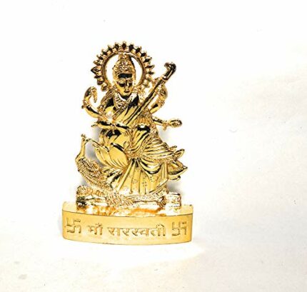 Efinito Amishi Handicraft Small maa Saraswati Vidya Devi Idol Metal Gold Plated Saraswati MATA Statues for Car Dashboard Mandir Pooja Murti Temple Puja Home Decor Office Showpiece