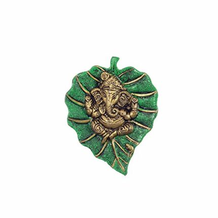 Efinito Metal Golden Lord Ganesha on Green Leaf Wall Hanging Sculpture Decorative Religious Showpiece for Home Wall Decor, Pooja Room, Temple & House Warming Gift Purpose