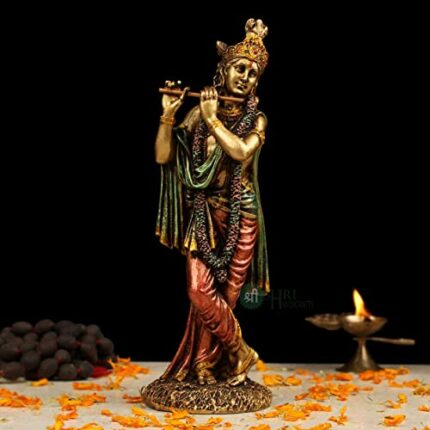 Efinito Cold Cast Resin Krishna Showpiece Antique Decor Thakur ji (10 Inches, Metal Finish)