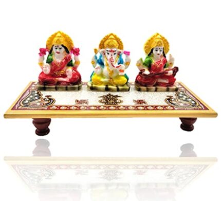 Efinito Marble Chowki with Laxmi Ganesh Saraswati Murti Idol | Hand-Painted Kalash Peacock Art Design Small Laxmi Ganesh Diwali Pooja Marble Chowki (Pack of 1, ( Size: 4" x 8" Inch )