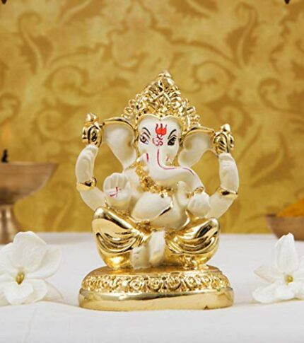 Efinito Ceramic Lord Ganesh Idol, 7X4X4 Cm, Gold and Off White