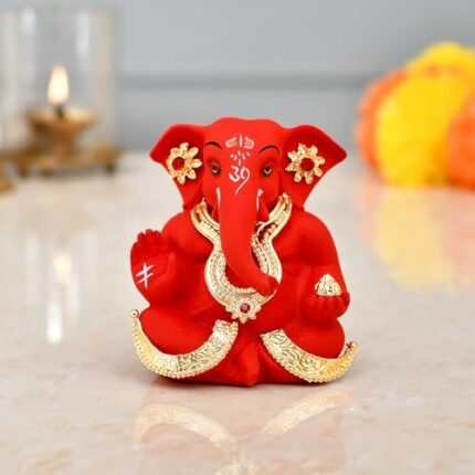 Efinito Ganesh Idol Murti Statue for Car Dashboard Gift Ceramic Terracotta Gold Plated Ganesha Ganpati Idols Showpiece Figurine for Home Pooja Room Diwali Decoration. (Red Color)