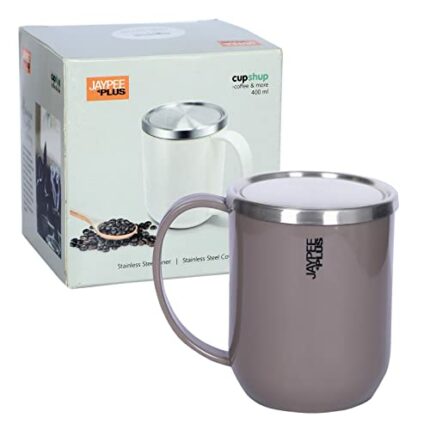Efinito Cupshup Coffee Mug with Steel Lid Plastic Covered Stainless Steel Coffee and Milk Mug Mirror Grey