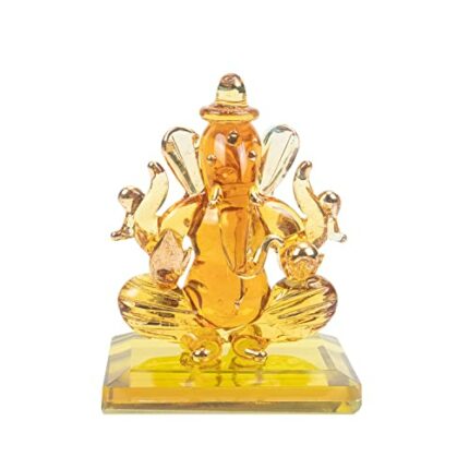 Efinito God Ganesh Sitting with Base Statue (Murti) Idol Showpiece Handmade of Crystal Glass for Worship, Decoration, Car Dashboard, Gift (Yellow), Small