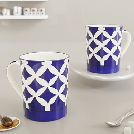 Efinito Gem Blue Pipe Ceramic Coffee Mug Set of 2, Handcrafted Microwave Safe Tea Mugs Ideal for Gifting Birthday, Housewarming Parties (300 ML)