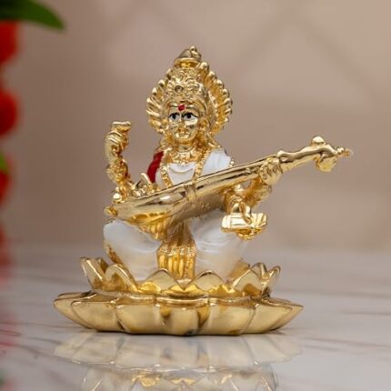 Efinito Pure Gold Coated White Saraswati Idol - Maa Saraswati Statue, Genuine 3 inch Saraswati Murti Small on Lotus with Veena - Handcrafted by Skilled Indian Artisans