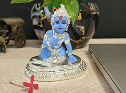 Efinito India Ceramic Krishna Idol, 8x8x8cm, Silver and Blue