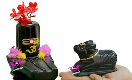 Efinito Stone 4" Shivling & 2.5" Nandi Idols Handcrafted & Hand Painted with Tilak, Black, 2 Pieces