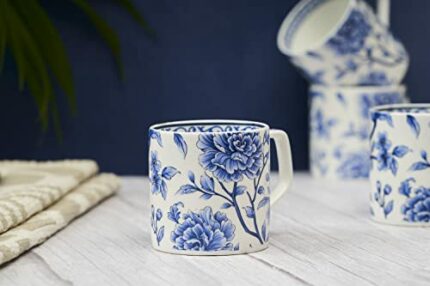 Efinito Tea And Coffee Mugs - Set Of 6 Ceramic Microwave Safe (Blue Floral), 220 milliliter