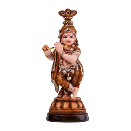 Efinito Marble Handcrafted Krishna Idol Decorative Hindu God Statue Murti Showpiece Figurine For Home Decor Craft Gifts For House Warming For Living Room, Brown, 33 X 13 X 10 Cm