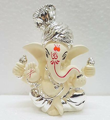 Efinito Ceramic Car Dashboard Ganesha Idol, 3 inches, Silver Chandan
