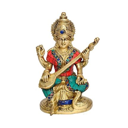 Efinito Goddess Saraswati Murti Saraswati Idol Brass Statue for Home Entrance Good Luck Vastu Decoration Showpiece and Gift Height 6.5 inches