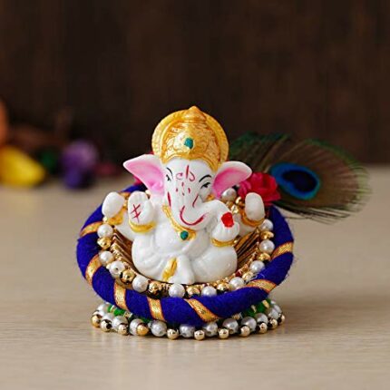 Efinito Polyresin Lord Ganesha Idol on Decorative Handcrafted Floral Plate, God Idol for Car Dashboard, Home, Office Decor