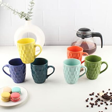 Efinito Fortuna Series Coffee Mug - Ceramic Set of 6 (280ml) Handcrafted Design Tea Cups Set of 6 Stackable, Chip Resistant, with Handles Large Serving Coffee Cup, Anya (Color May Vary)