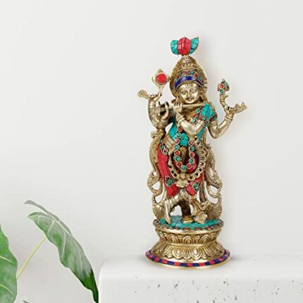 Efinito Brass Krishna Idol | with Flute | Mandir | Brass Sculpture Decorated with Colored Stones Home Decor