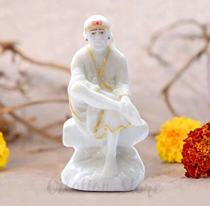 Efinito Sai Baba Statue Marble Dust Murti for Home Pooja & Car Dashboard | Sai Baba Idol Handmade Finishing Sitting on Stone (White, 4.5)