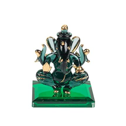 Efinito God Ganesh Sitting with Base Statue (Murti) Idol Showpiece Handmade of Crystal Glass by for Worship, Decoration, Car Dashboard, Gift (Dark Green), Small