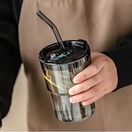 Efinito Glass Reusable Sipper Bottle with Leather Sleeve Glass Coffee Mug with Silicone Straw and Leakproof Lid Tumbler for Coffee,Tea, Milk Beverages 435ml?