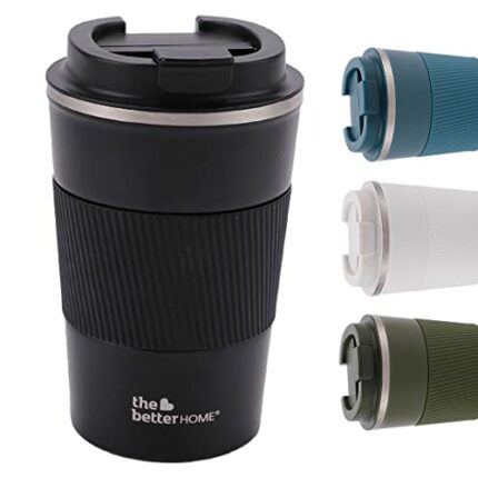 Efinito Insulated Coffee Mug with Lid and Sleeve (380ml) | Double Wall Insulated Stainless Steel Mug for Coffee & Tea | Hot and Cold Tumbler | Coffee Mug with Lid for Home & Office (Black)