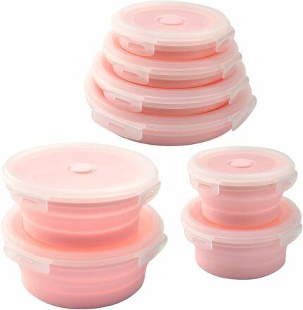Efinito Collapsible Food Storage Containers Set with Lids Round Silicone Lunch Box Container for Kids Microwavable Heat Resistance Silicone Food Container Foldable Leak proof Silicone Lunch Box