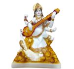 Efinito Marble Gold Foil Saraswati Idol Statue - Hindu Goddess of Knowledge, Music & Art Sculpture (White and Gold) (6 Inches)