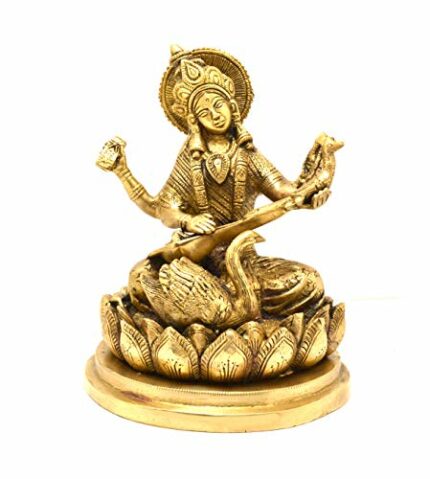Efinito Brass Goddess Saraswati Idol, Standard, Gold, 1 Piece