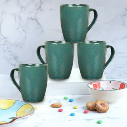 Efinito Blue Textured Ceramic Coffee Mugs | Milk Mug | Coffee Cups 320ml Microwave Safe - Set of 4