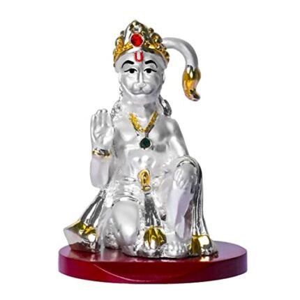 Efinito 999 Silver Plated Hanuman Ji Decorative Showpiece Idol for Car Dashboard Temple & Gift Handicraft Spiritual Murti Antique Decoration Items Home & Study Table Office Decor (6cmx6cmx9cm)