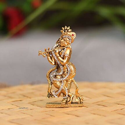 Efinito Gold Plated Flute Playing Krishna Idol Showpiece - Metal Krishna Statue for Car Dashboard - Hindu God Religious Idol Krishan Figurine for Janmashtami Home Temple Decoration & Gifts.