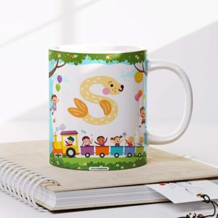Anmol Uphaar - Alphabet Coffee Mug for Kids (Kids Cartoon Theme Alphabet Printed Ceramic, Microwave Safe, 325ml Capacity Coffee Mug - Gift for Kids) (Alphabet S)