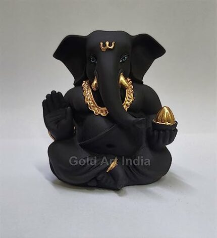Efinito Black Terracotta Appu Ganesha with Gold Color Work for Car Dashboard Home Decor Gifting Diwali Birthday Festivals (3' x 2" Inches)