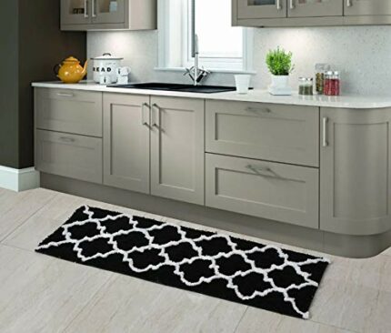 Efinito? Glorious Super Soft Microfiber Abstract Moroccan Designer Anti Slip Kitchen/Bedside Runner Rug (Black, 40 cm x 120 cm)
