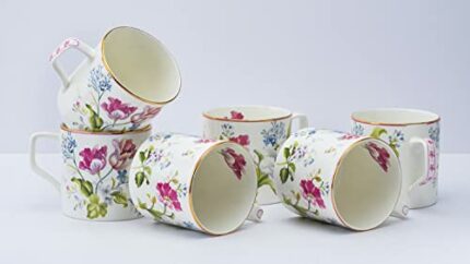 Efinito Tea And Coffee Mugs - Set Of 6 (Pink & White Gold Line) - Bone China, 220 Milliliter