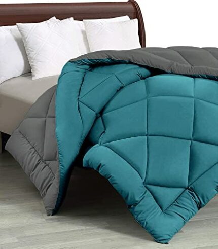 Efinito Reversible AC Comforter Double Bed King Size Quilt Blanket for Winter (200 GSM, Teal & Light Grey, Microfibre)