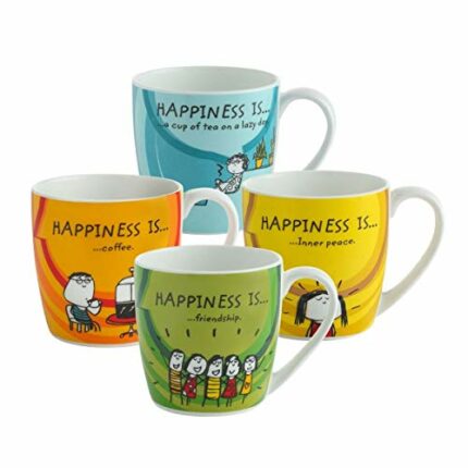 Efinito Fine Ceramic Happineess Is Coffee Mugs - Set of 4, Multicolour, 220ml