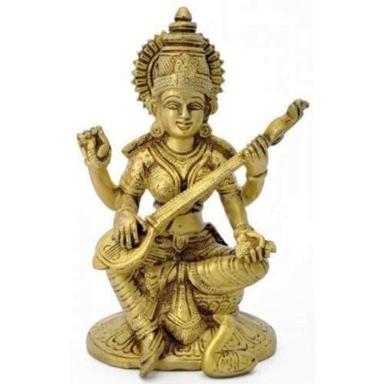 Efinito Astadhatu Brass Maa Saraswati MATA Idol Sitting on Hans (Standard, Golden)(200gms)