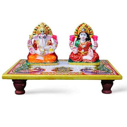Efinito Laxmi Ganesh Idol/Murti with Marble Chowki Multicolor Peacock Pattern Size 6x4 Inch for Diwali/Puja/Home/Birthday Gift