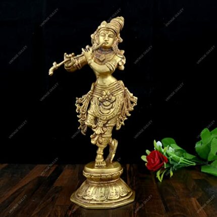 Efinito Brass Krishna Antique Standing Idol (Gold, Medium)