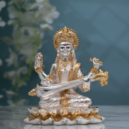 Efinito Pure Gold and Silver Coated White Saraswati Idol - Maa Saraswati Statue, Genuine 3 inch Saraswati Murti Small on Lotus with Veena - Handcrafted by Skilled Indian Artisans (Small)
