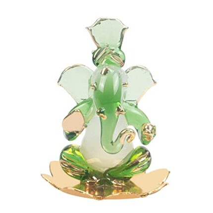 Efinito God Ganesh Sitting on Petal Statue (Murti) Idol Showpiece Handmade of Crystal Glass by for Worship, Decoration, Car Dashboard, Gift (Green), Small