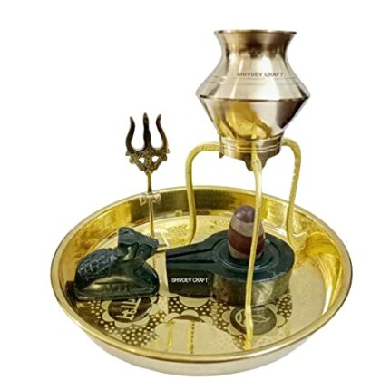 Efinito Shivling Jal Abhishek Stand Lota Set with Narmadeshwar Shivlingam Idol with Jaldhara Stone Jalheri Marble Nandi Brass Mahadev Shiv Trishul Brass Puja Thali Set of 7