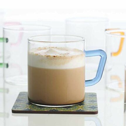 Efinito Vision Tea N Coffee Glass Mug Set Of 6 - Microwave Safe, Blue Handle, 190 ml
