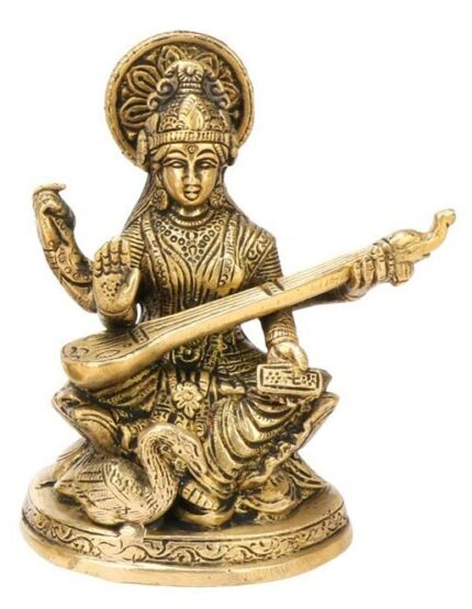 Efinito Brass Saraswati Murti Idol Goddess Statue of Knowledge for Music & Art School College Pooja Showpiece in Gold Color 5 Inch