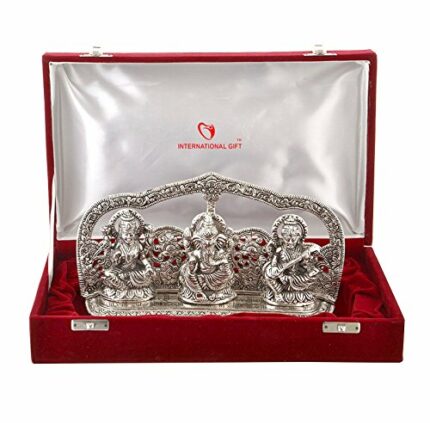 Efinito Silver Laxmi Ganesh Sarswati Idol Statue Oxidized Finish with Red Velvet Box Packing with Beautiful Carry Bag (14 cm X 25 cm X 5 cm)