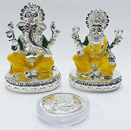 Efinito Silver Plated laxmi Ganesha Idol with Yellow Enamel Color Work with Gold Plated Coin | for Diwali | Laxmi poojan | Diwali Pooja | Gifting (New Chakra Ganesha laxmi Silver)